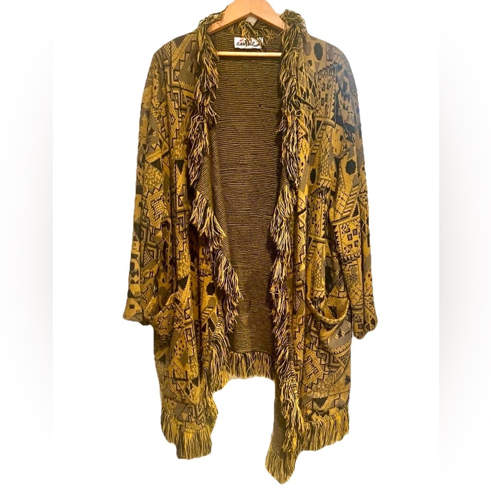 Entue Boho Vintage Hand Knit Fringe Cardigan Mustard Black 80s RARE ! L-XXL